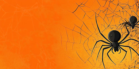 Spooky Symmetry Minimalist Halloween Display Featuring Twin Bold Spiders on Jagged Silk Webの素材