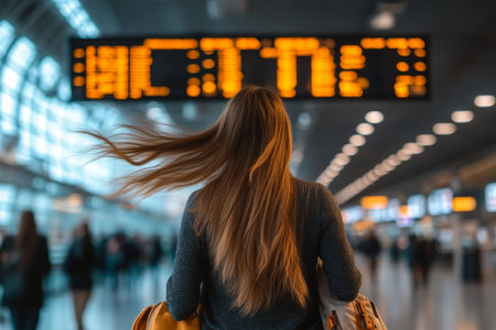 A Woman in Casual Attire Watching the Airport Departure Screen for Flight Delays While Tiredの素材