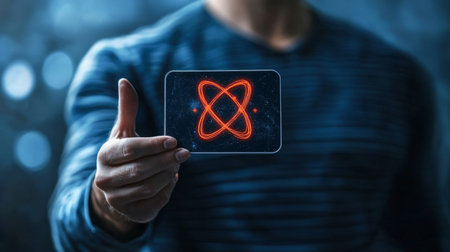 Man Displaying Holographic Atom, Exploring Future Technology and Nuclear Energy Conceptsの素材