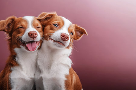 A Heartwarming Studio Portrait of Two Adorable Brown and White Dogs on a Vibrant Magenta Backdropの素材