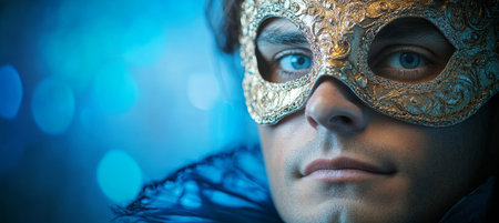 Elegant Portrait of a Mysterious Man Wearing a Venetian Mask in Captivating Carnival Lightingの素材