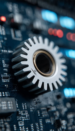 Precision Engineering Artwork of a Metal Gear with Electronics Integration and Blue Lighting Effectsの素材