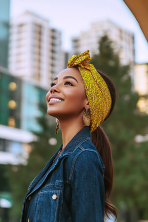 Young African entrepreneur woman inspired by future hopes under city lights in autumn scenery.の素材