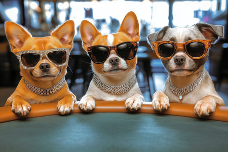 Cool Canine Card Sharks Trendy Dogs in Sunglasses and Gold Accessories Playing Poker Game Togetherの素材