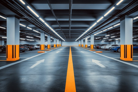 Modern Underground Parking Garage Interior with Bright LED Lights and Clear Floor Markings Designの素材