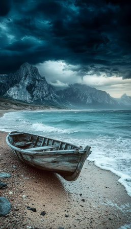Abandoned Rowing Boat on Rocky Shoreline with Dramatic Mountain Backdrop and Crashing Waves.の素材