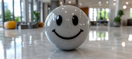 Happy gray emoji smiles isolated as an abstract shape on a shiny floor with a marble pattern ball.の素材