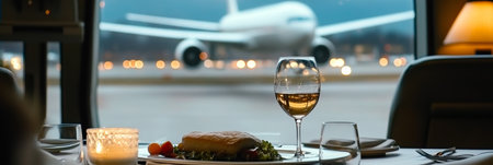 Luxurious airport lounge dining experience featuring gourmet meal and sparkling champagne at sunset.の素材