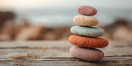 Stacked Pebbles on Wooden Surface for Balanced Relaxation and Mindful Meditation in Zen Ambianceの素材