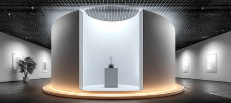 Modern Gallery Interior Design Showcasing Minimalist Artwork and Elegant Contemporary Ambianceの素材