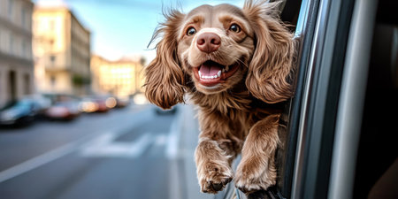 Joyful Dog Enjoying a Scenic Car Ride with Head Out the Window, Fluffy Ears Flapping in the Windの素材