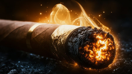 Macro shot of a burning cigar with glowing embers and smoke, highlighting warmth and tobacco burn.の素材
