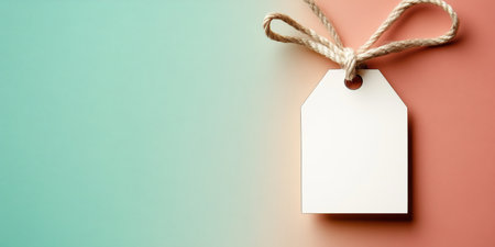 Blank Retail Price Tag with Decorative String on Mint Green and Pastel Pink Background Mockup Designの素材