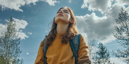 Young woman with backpack enjoying fresh air outdoors, eyes closed, surrounded by greenery.の素材