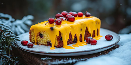 Delicious Festive Cranberry Orange Cake with Citrus Icing and Fresh Berries for Winter Celebrationsの素材