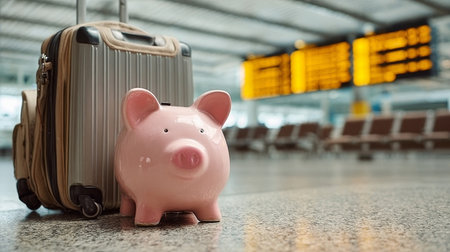 Creative Travel Savings Plan with Piggybank Next to Suitcases for Future Vacation and Journey Budgetの素材