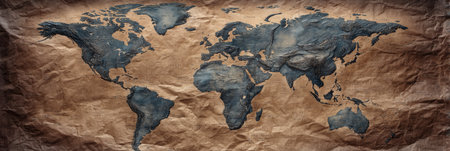 Vintage Styled Political World Map on Textured Brown Paper with Detailed Topography and Oceansの素材