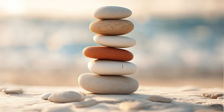 Serene Yoga Stones Stacked in Perfect Harmony, Symbolizing Balance and Tranquility in Natureの素材