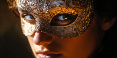 A woman wearing an intricate golden Venetian mask at a glamorous masquerade ball, exuding elegance.の素材
