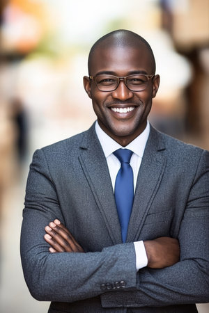 Confident and Charismatic African-American Man with Folded Arms, Exuding Leadership and Positivityの素材