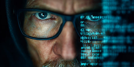 A Focused Man Reading Electronic Material Online Under Surveillance While Working on His Computerの素材