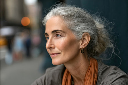 Thoughtful Mature Woman with Elegant Natural Grey Hair Gazing into the Distance in Urban Setting.の素材