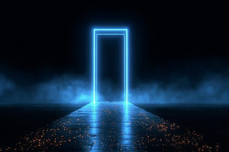 Mysterious Gateway Surrounded by Shimmering Surfaces, Illuminated Doorway to a Futuristic Worldの素材