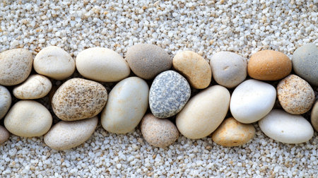 Serene Arrangement of Gray Gravel and Smooth Stones Creating a Peaceful Garden Design Elementの素材
