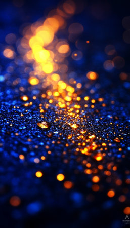 Abstract Composition of Sparkling Gold and Deep Cobalt Textures on a Damp Midnight Backgroundの素材