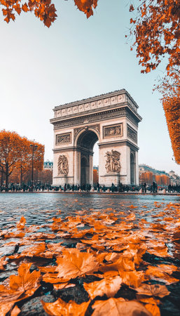 Breathtaking View of the Arc de Triomphe in Paris Surrounded by Colorful Autumn Leaves at Daytimeの素材