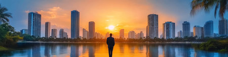 Silhouette of a man against a stunning sunset on a building construction near a scenic water pond.の素材