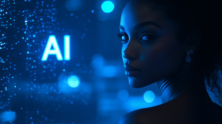 Woman Engaging with Futuristic Digital Interface, Showcasing Innovation in AI Technology Integrationの素材
