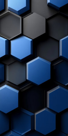 Intricate Hexagonal Pattern Featuring Blue and Black Geometric Shapes with Depth and Texture Effectsの素材