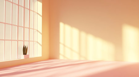 Elegant Minimalistic Interior Scene Featuring Soft Peach Walls and Natural Sunlight Through Windowsの素材