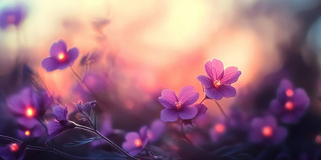 A dreamlike garden filled with vibrant purple flowers, glowing petals, and a warm sunset ambiance.の素材