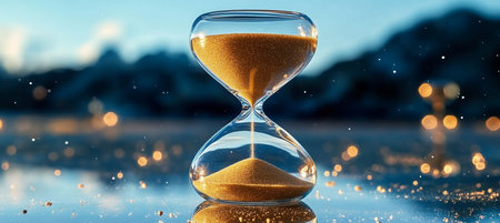 Reflected Hourglass with Flowing Sand Captures a Dramatic Moment in Time by Peaceful Waterscape.の素材