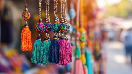 Vibrant Handmade Keychains Displayed at a Summer Marketplace, Perfect for Gifts and Boho Decorの素材