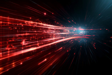 Dynamic Crimson Vortex Effect Depicting Energy and Speed in a Futuristic Digital Network Landscapeの素材