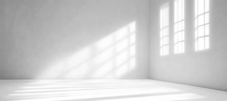 Bright Sunlight Streaming Through Windows Illuminates a Clean, Modern White Room Interior Designの素材