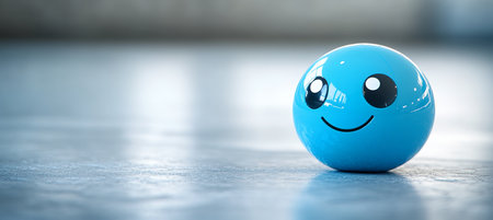 Stylish Light Blue Orb with Happy Emoticon, Glossy Reflection, and Cheerful Expression in Studioの素材