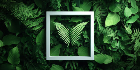 Tranquil Oasis Majestic Ostrich Fern Encased in a Pristine White Frame Amidst Lush Green Foliageの素材