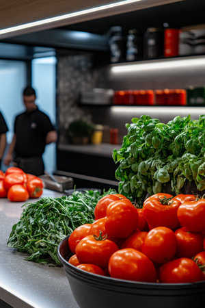 Bright and Inviting Cooking Classroom with Fresh Tomatoes and Herbs in a Modern Culinary Spaceの素材