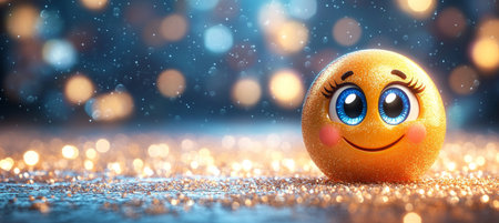 Cheerful Yellow Emoji Character on Colorful Bokeh Background for Celebrations and Joyful Momentsの素材