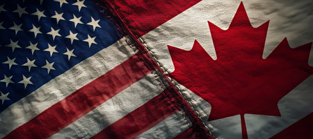 USA and Canada Flags on Grunge Background Representing International Relations and Friendshipの素材