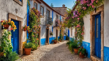 Charming Obidos Medieval Town with Cobblestone Streets and Historic Architecture in Portugalの素材