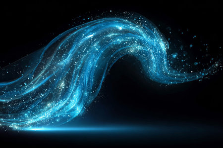 Elegant luminescent streaks intertwine, swirling in ethereal blues and magic air, conveying motion.の素材