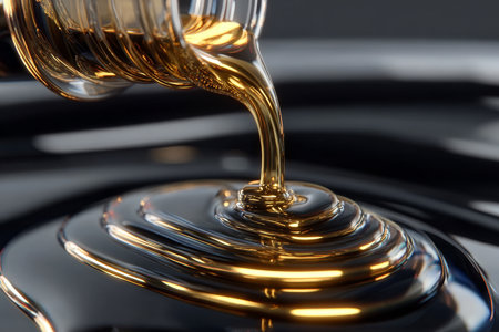 Liquid Amber Descending Gracefully Over a Dark Plane, Highlighting Texture and Light Playの素材