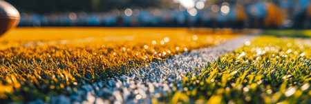 Detailed View of White Stadium Lines and Marks on the Artificial Grass of a Football Field Arenaの素材