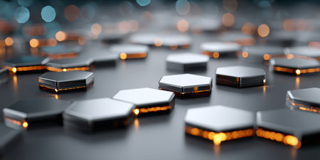 Abstract Digital Communication Technology Background with Hexagon Tiles in Modern Tech Designの素材