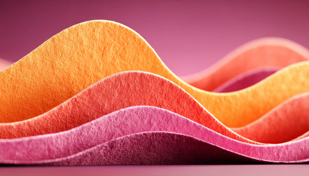 Red and Pink Folded Paper Art with Wavy Structures and Gentle Color Gradient Background Designの素材
